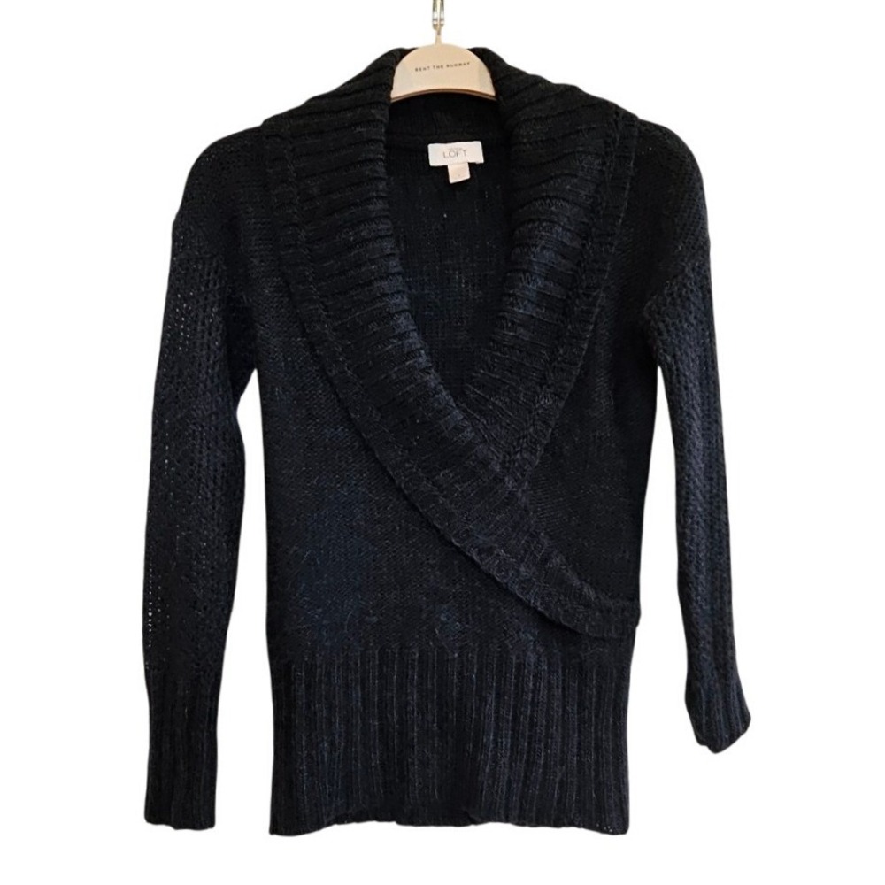 Ann Taylor LOFT Dark Navy Blue Alpaca Wool Blend Shawl Collar Wrap Sweater Small